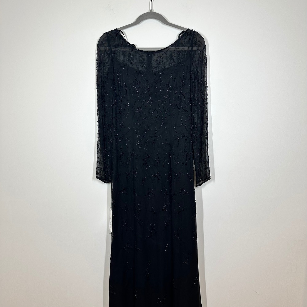 Avanti Beaded Evening Maxi Dress Womens 6 Black Silk Long Sheer Sleeve Y2K Goth